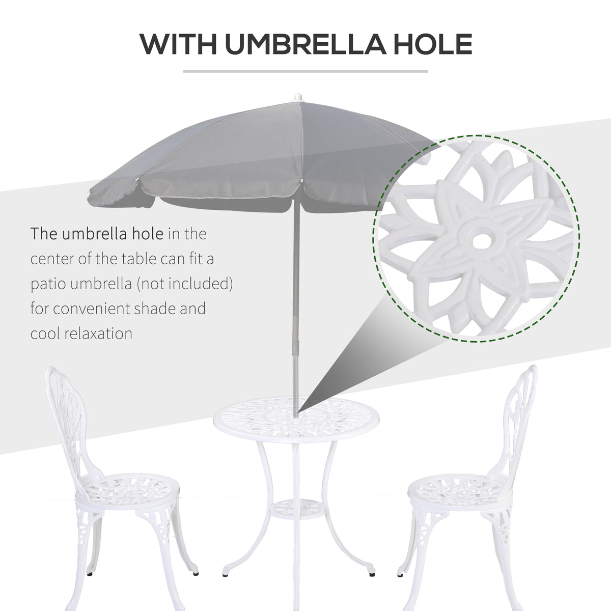 White bistro set with round table featuring center umbrella hole and 2 matching chairs