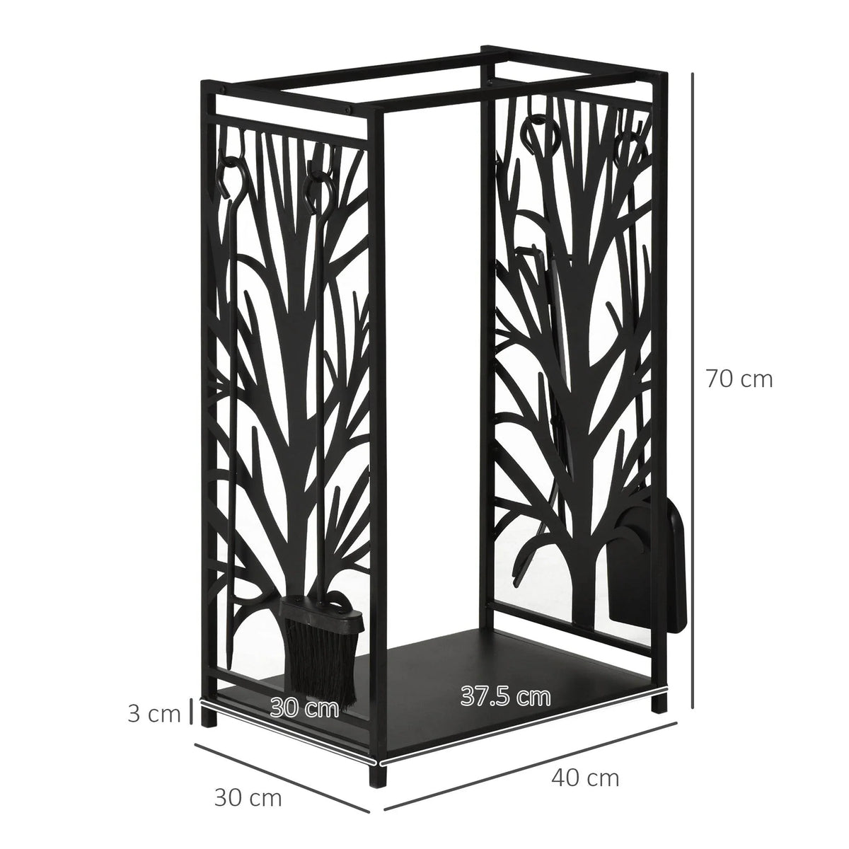 Black steel firewood rack with decorative side panels and base, shown with dimensions