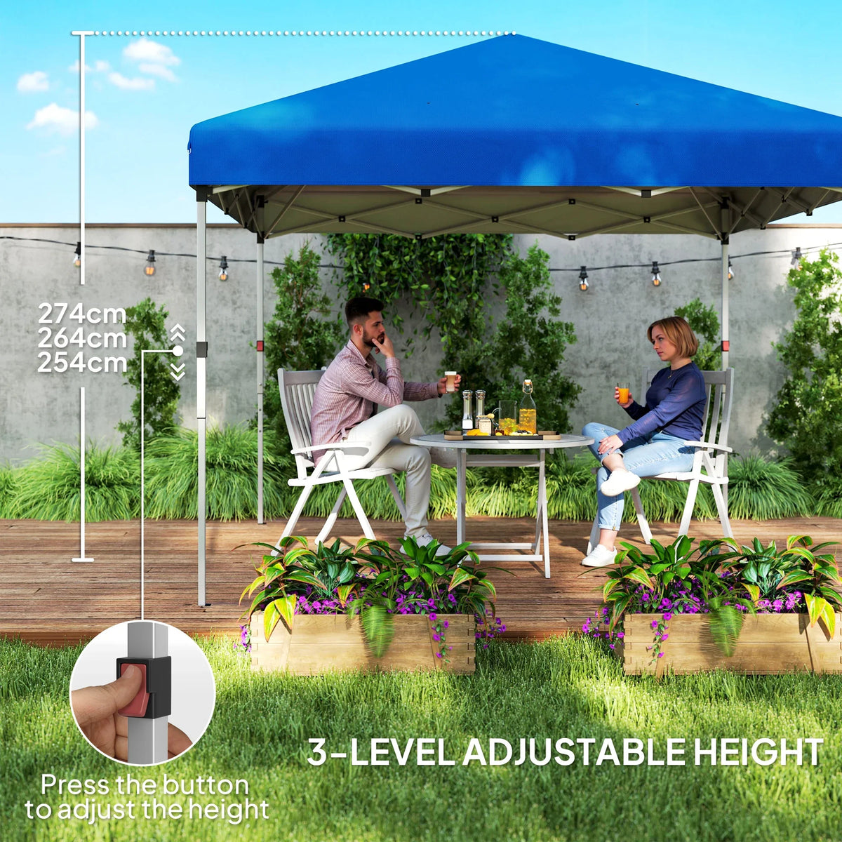 Blue pop-up gazebo with adjustable-height legs and two sidewalls, patio seating