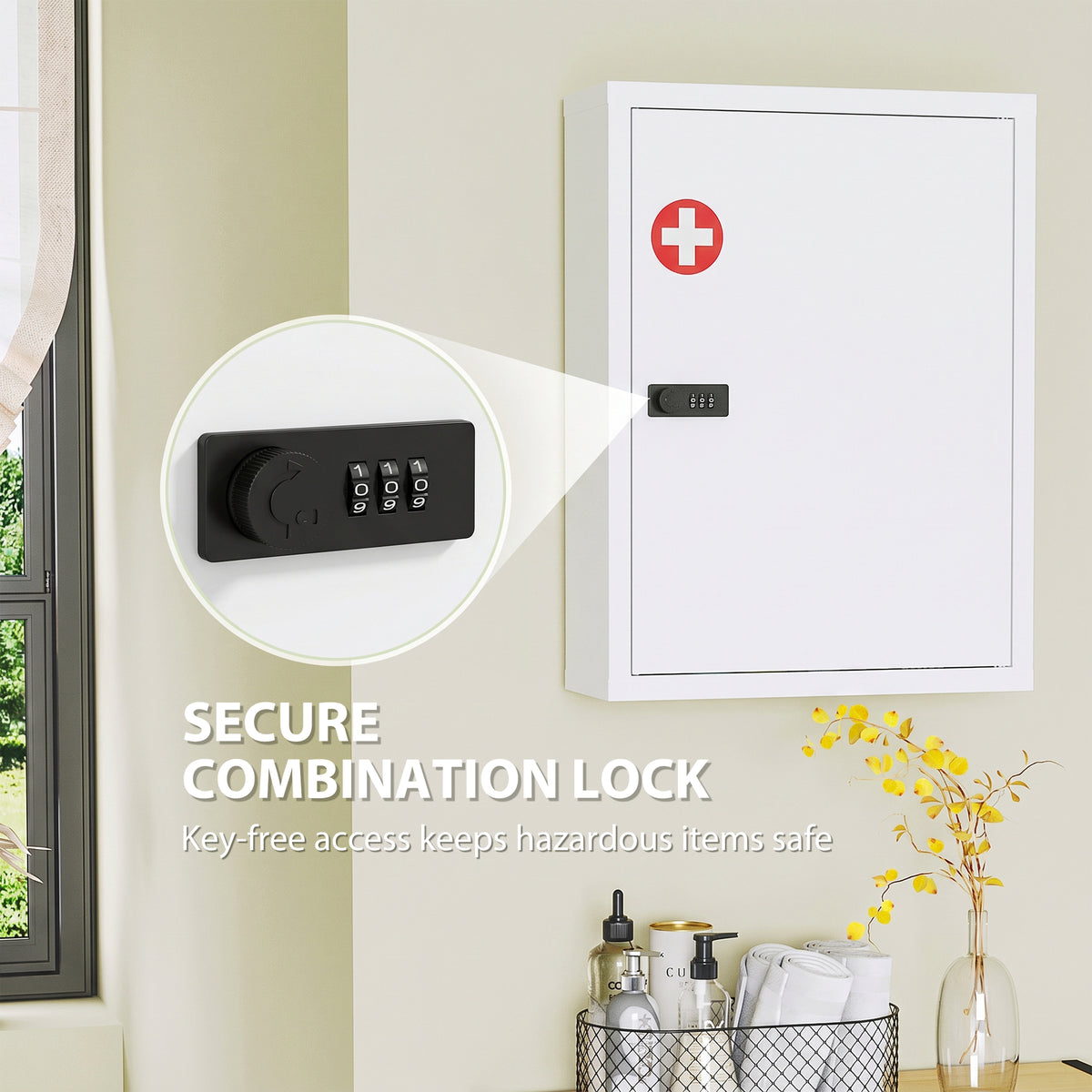 White wall-mounted medicine cabinet with red cross emblem and black combination lock