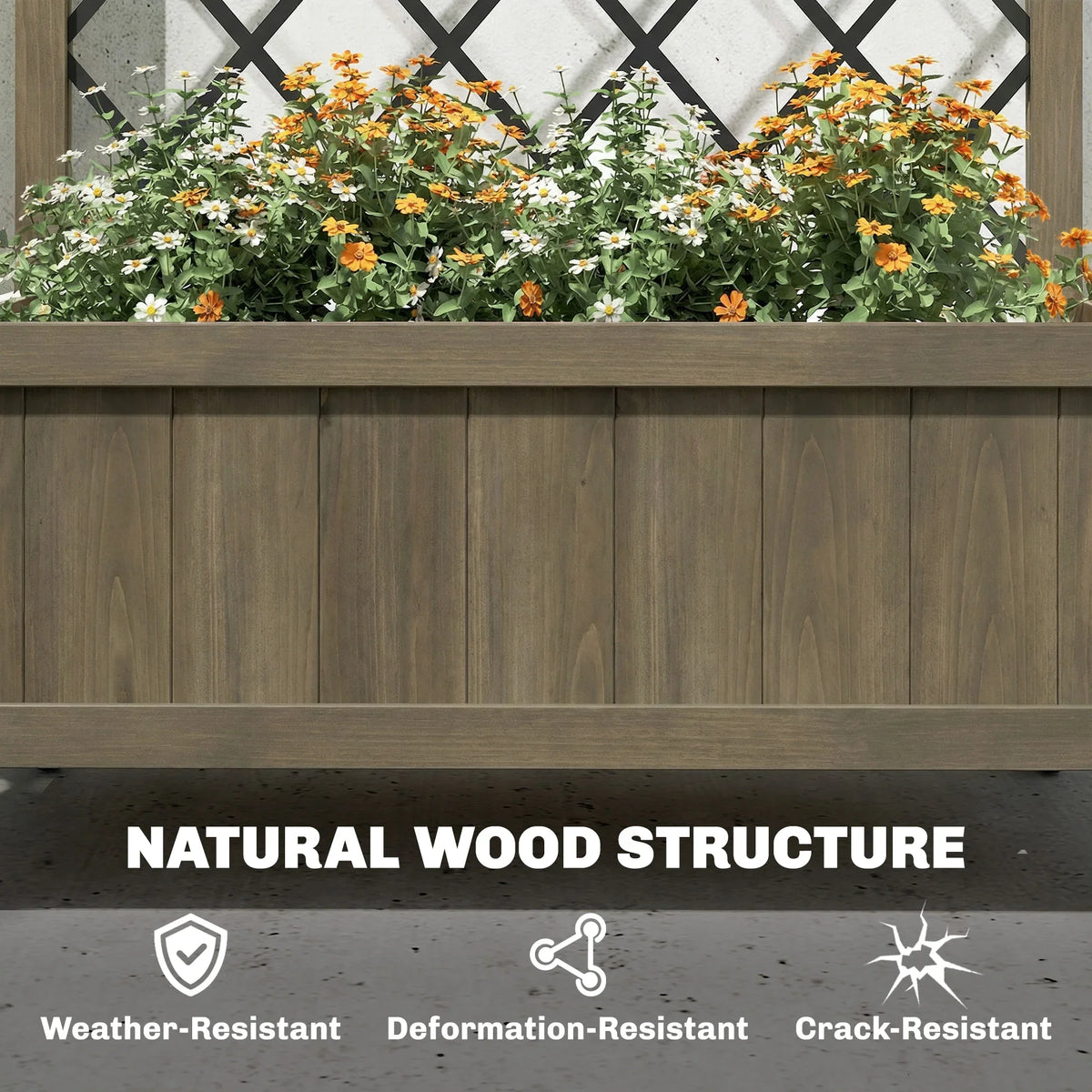 Raised planter box with metal trellis and wooden slatted front, filled with flowers