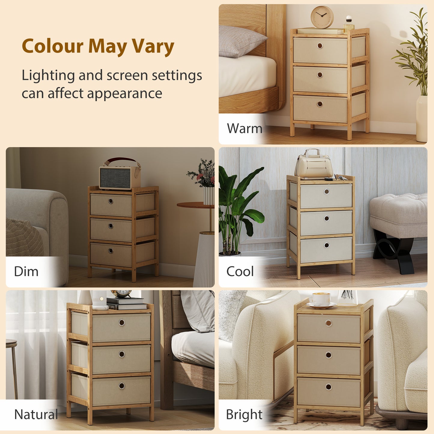 HOMCOM Narrow Chest Of Drawers With Bamboo Frame And 3 Fabric Drawers In Cream White