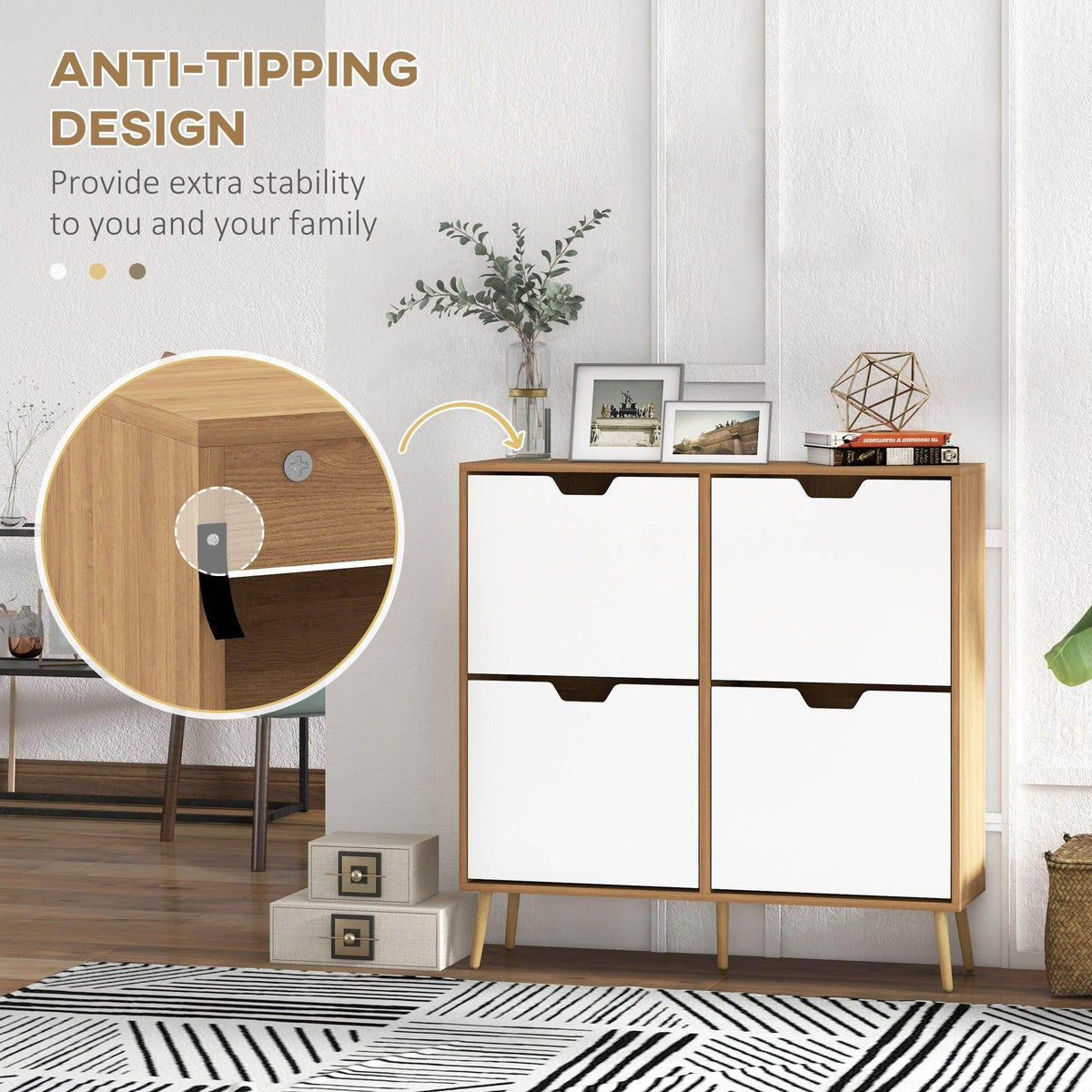 Natural wood shoe cabinet with four white flip drawers and anti-tipping stability design