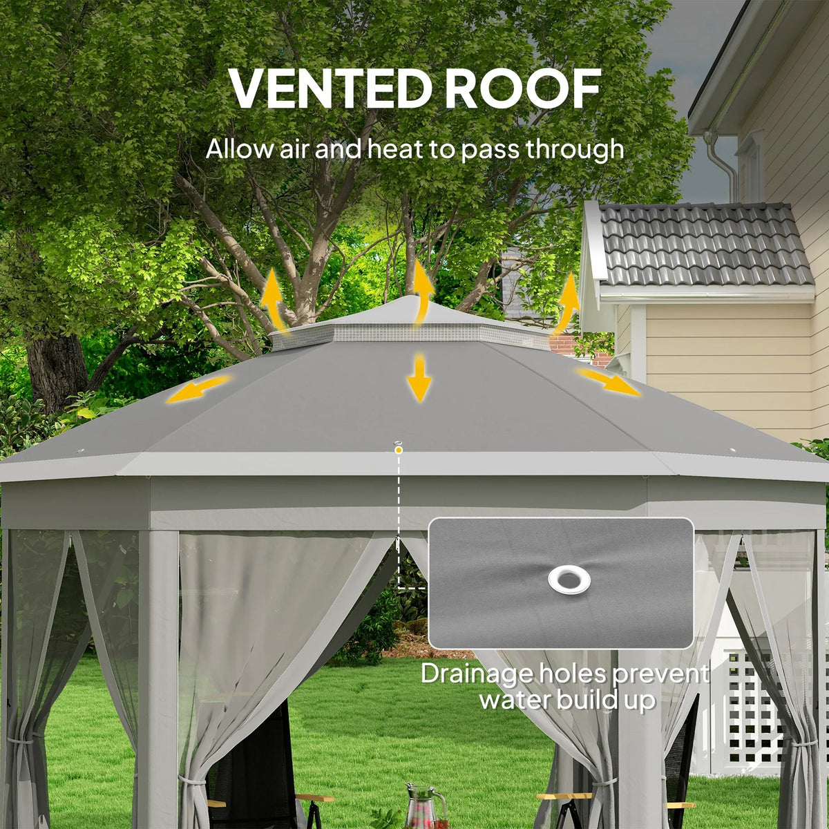 Gray vented-roof garden gazebo tent with mesh curtains and drainage holes