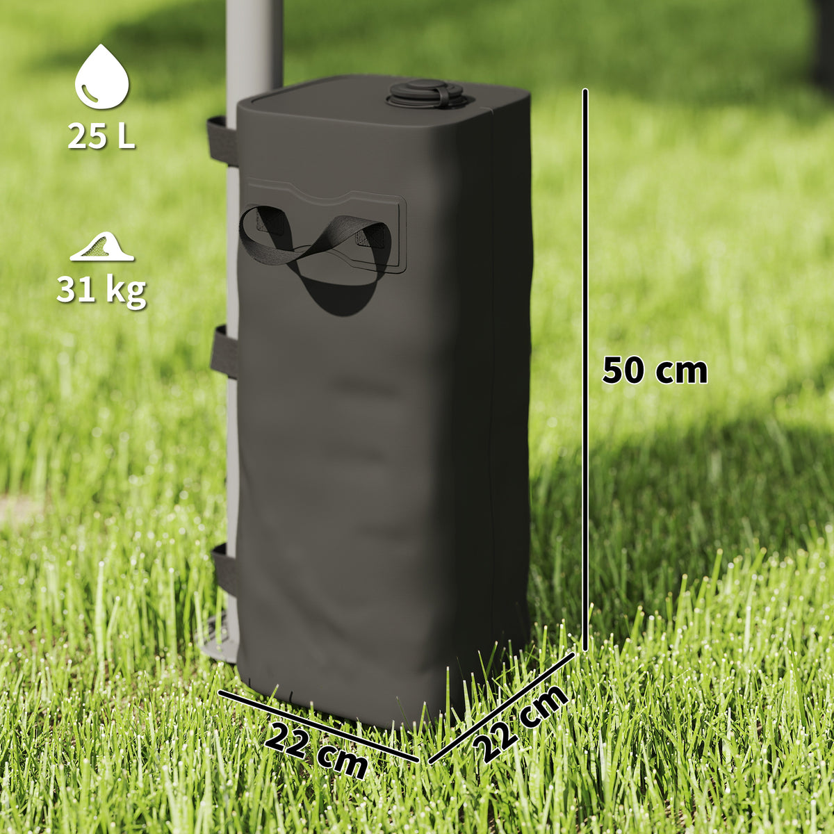 Black gazebo weight bag with handle, upright on grass with size markings.