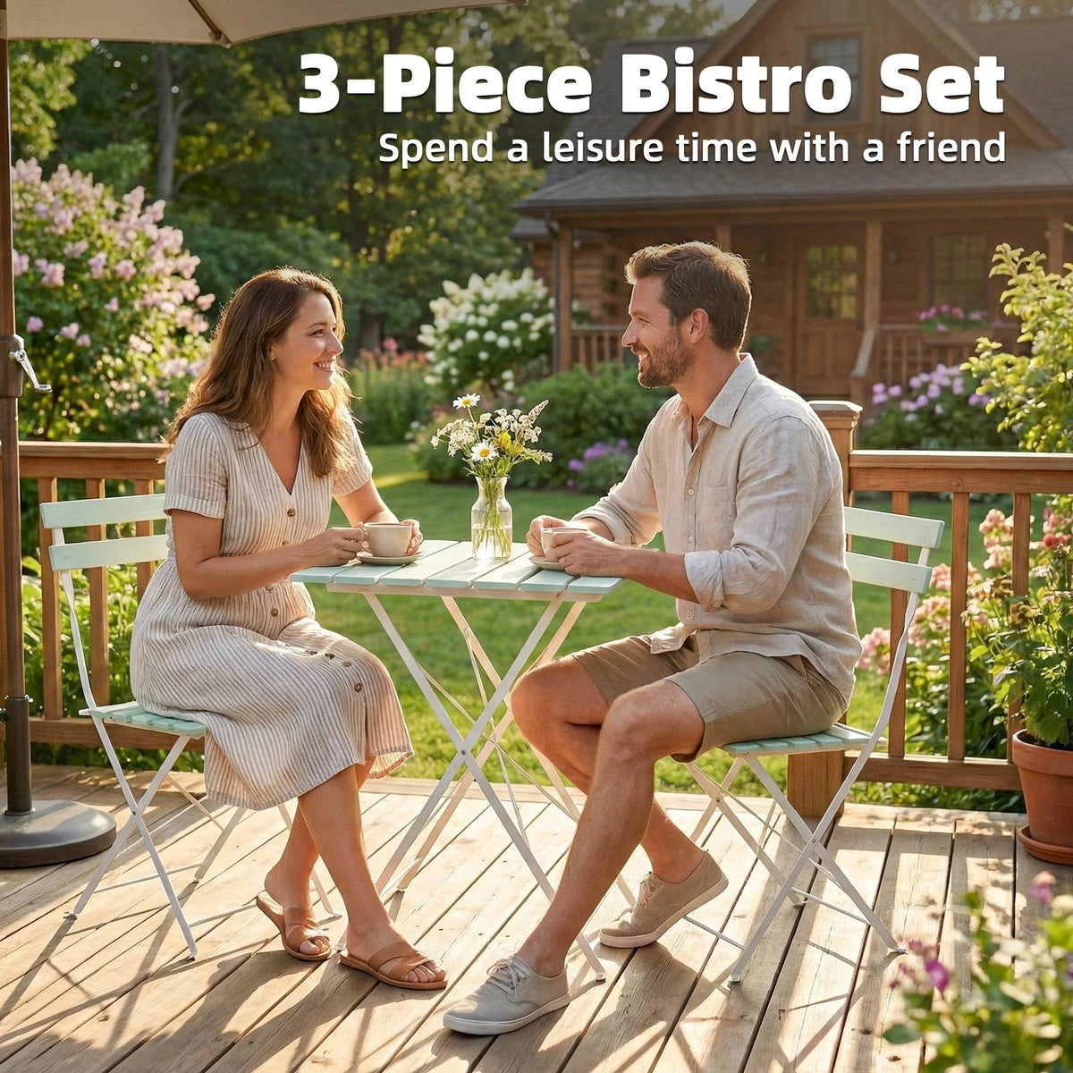 Outdoor folding bistro set with green slat table and two matching chairs, white frames