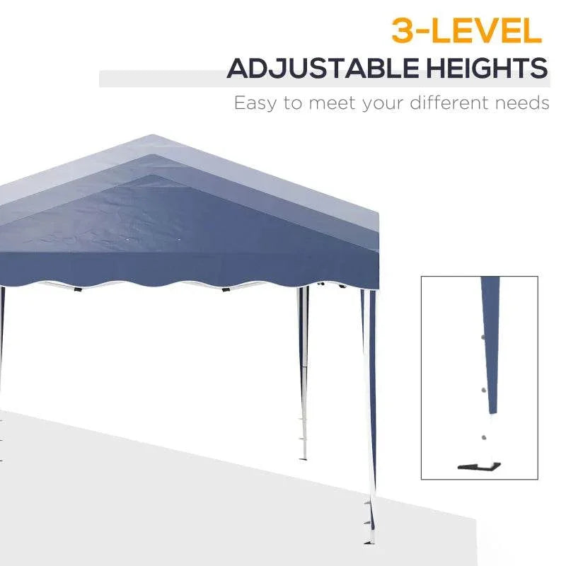 Blue adjustable-height pop-up gazebo with scalloped valance and silver legs
