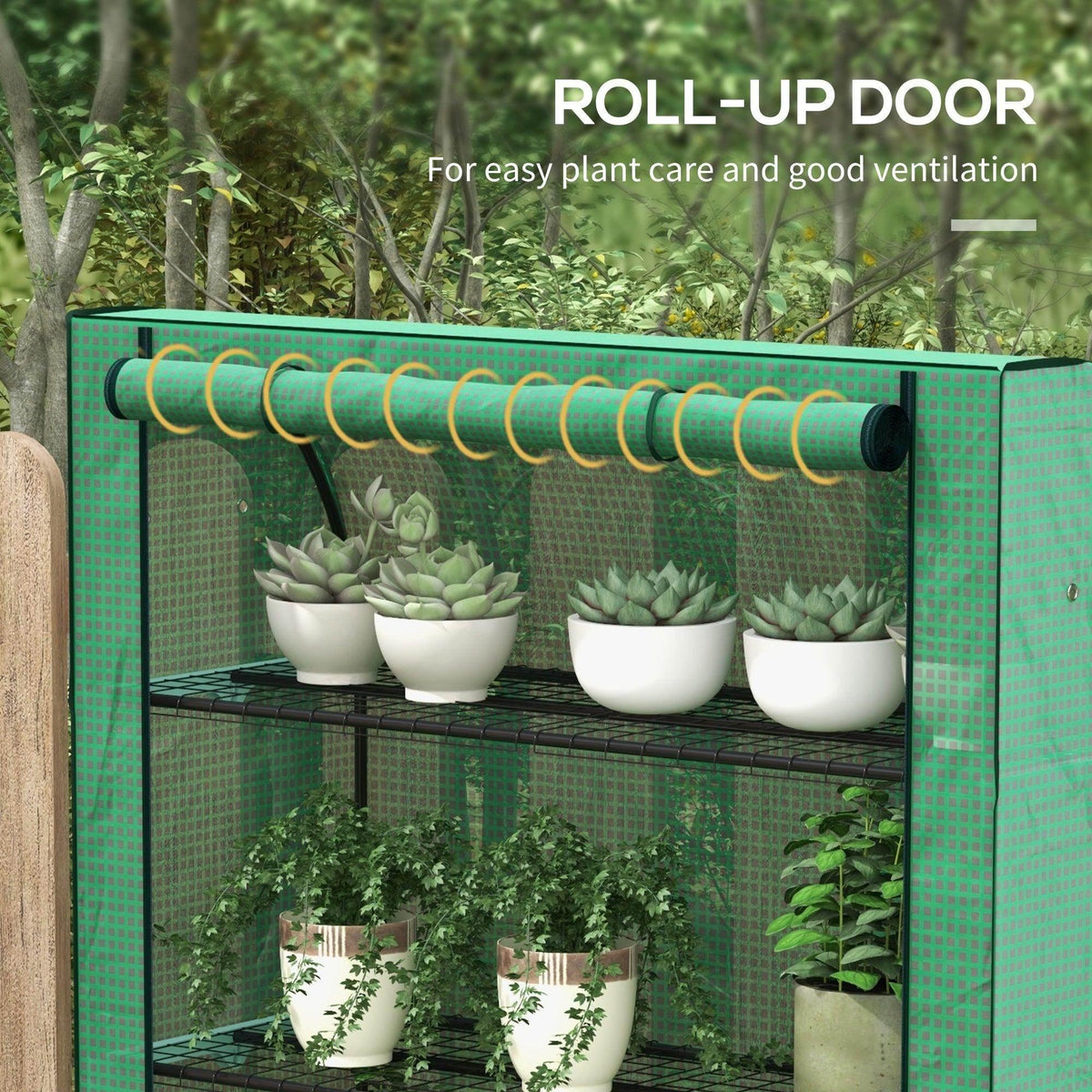 Green mini greenhouse with roll-up door, mesh PE cover, wire shelves and pots