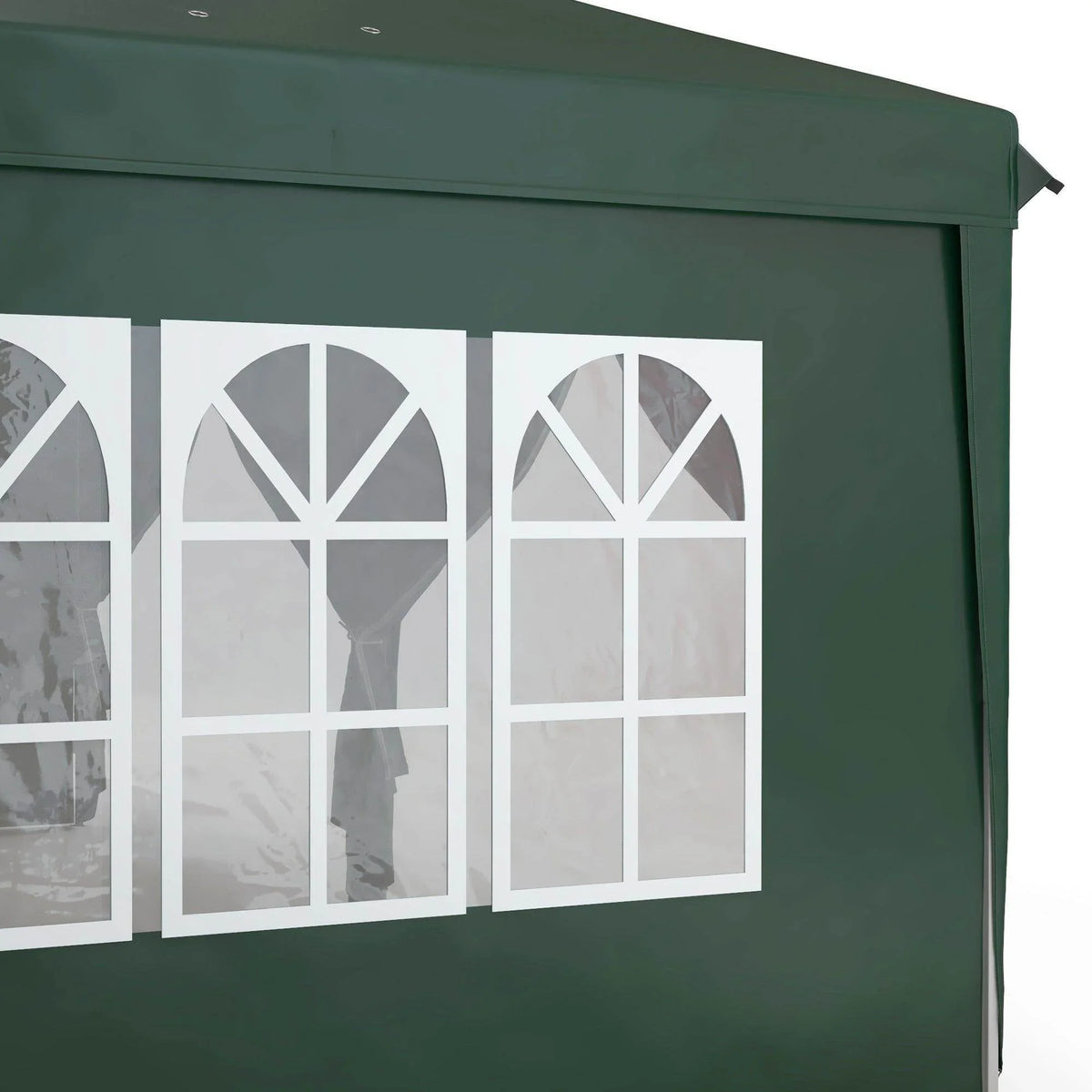 Green gazebo tent window panel with white decorative lattice
