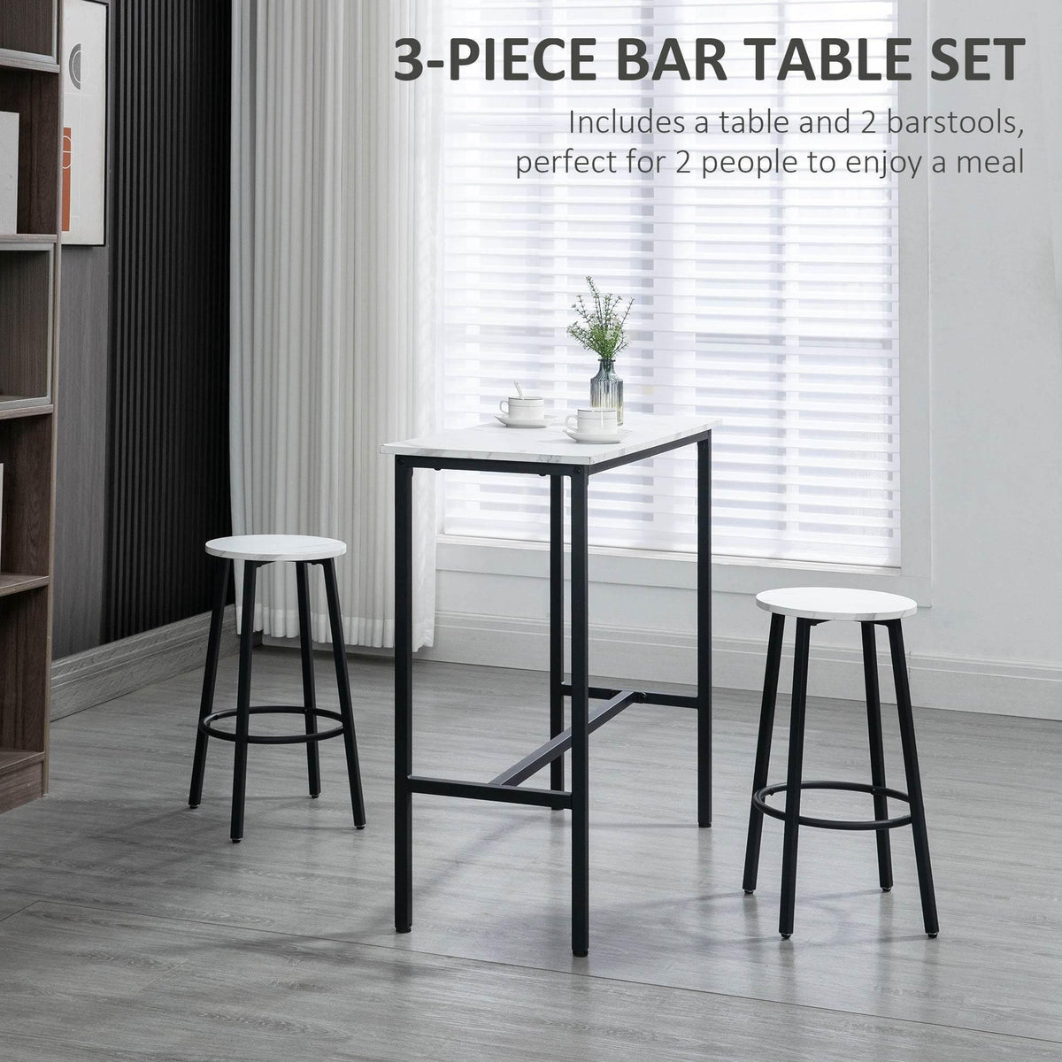 3-piece bar table set with white marble-effect table top and two stools, black legs