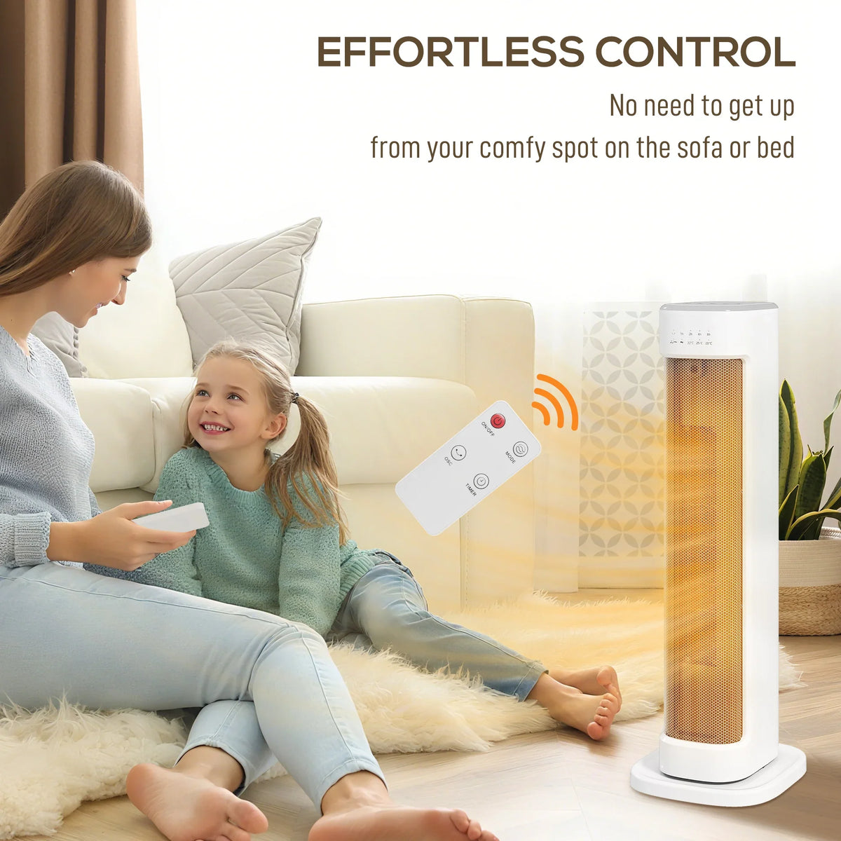 White ceramic tower heater next to a sofa with remote control for settings