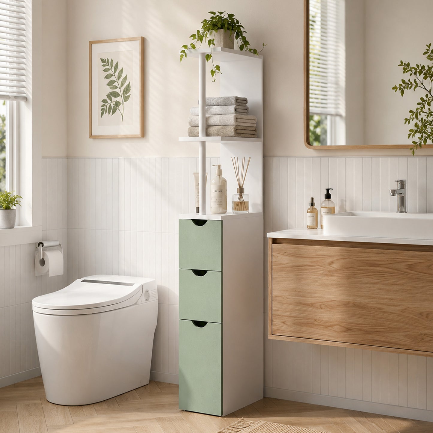 HOMCOM Slim Bathroom Storage Cabinet Tall Floor Cabinet With 2 Tier Shelf And 2 Drawers White And Light Green