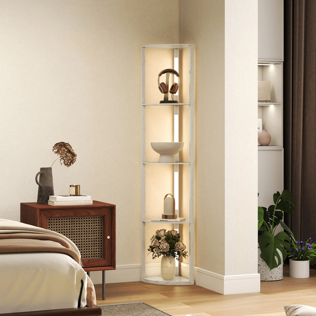 White four-tier corner floor lamp with warm LED glow and built-in shelves