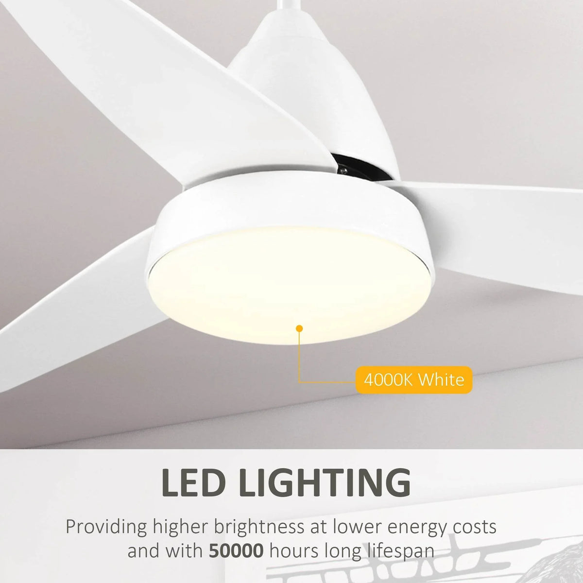 White 3-blade LED ceiling fan with illuminated frosted light dome, 4000K white