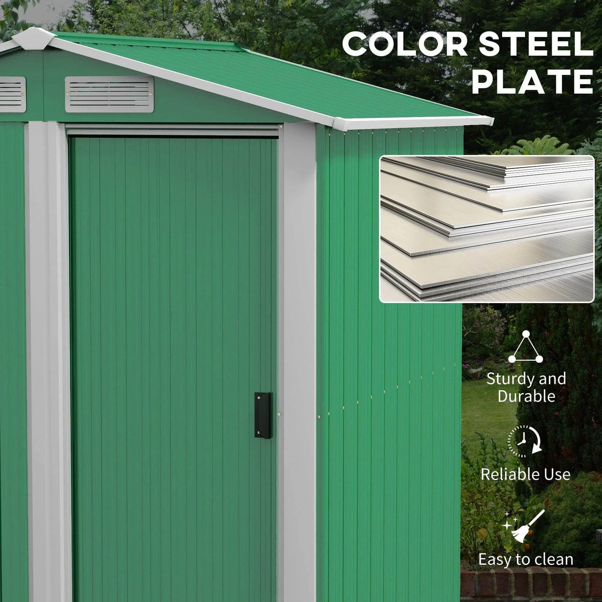 Green metal storage shed front with sliding door and two vented roof panels