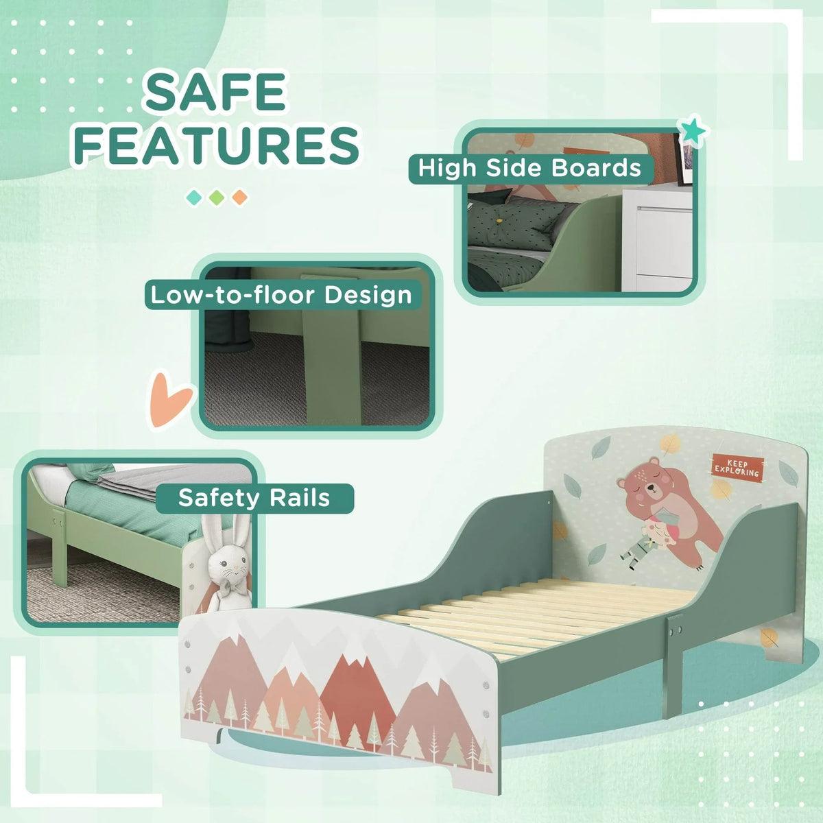 Green toddler bed with safety rails and low, kid-friendly side profile