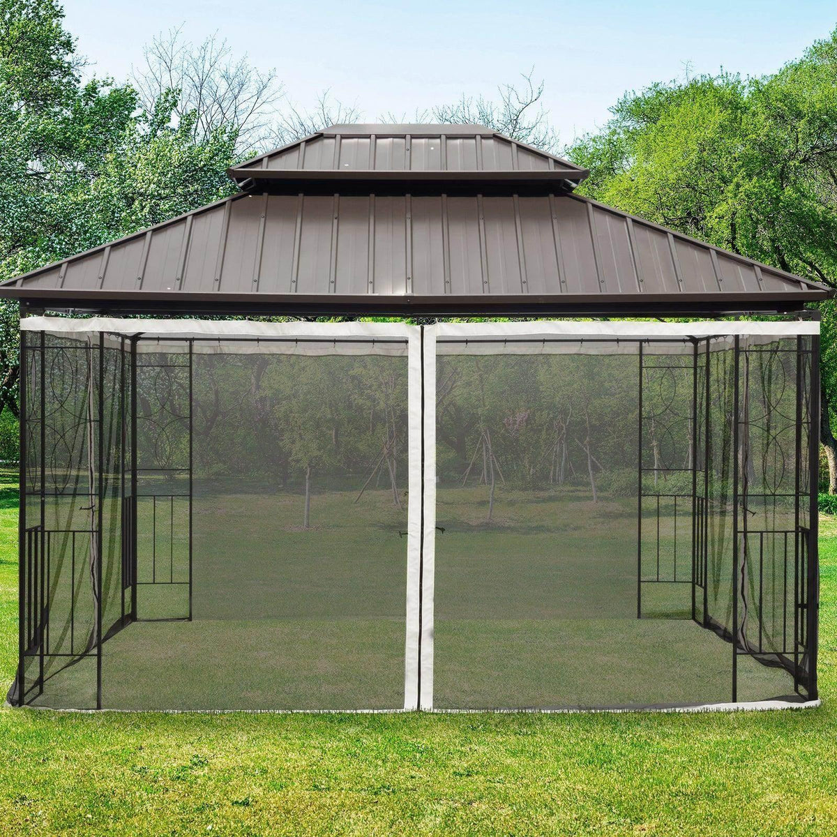Black mesh gazebo sidewalls with zippered doors and white frame, open view