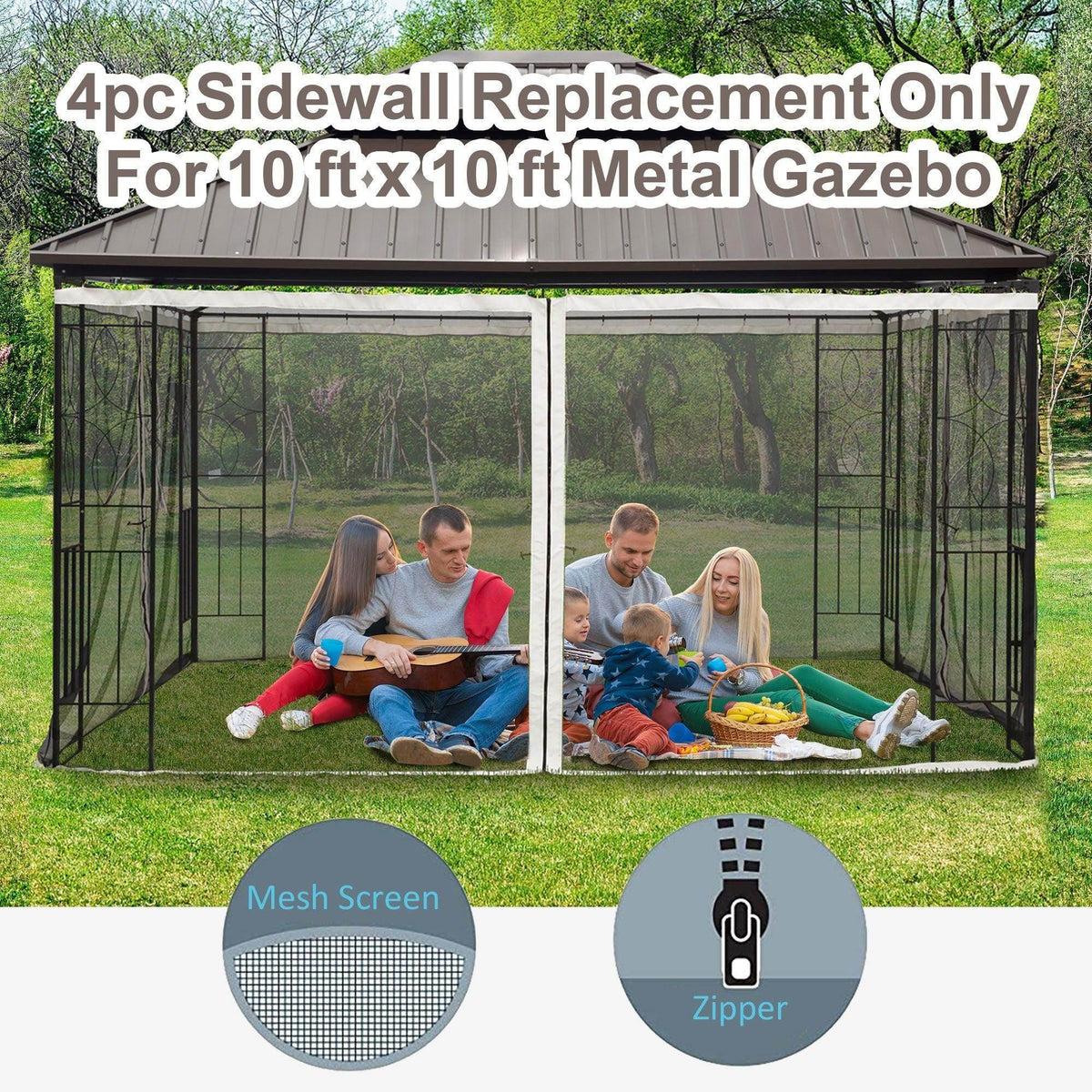 Black mesh gazebo sidewalls with zippered panels, full side view