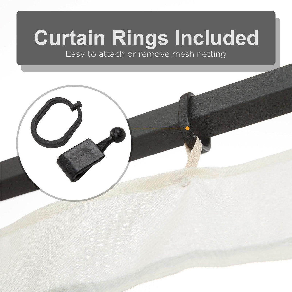 Black curtain rings and fasteners for mesh gazebo netting
