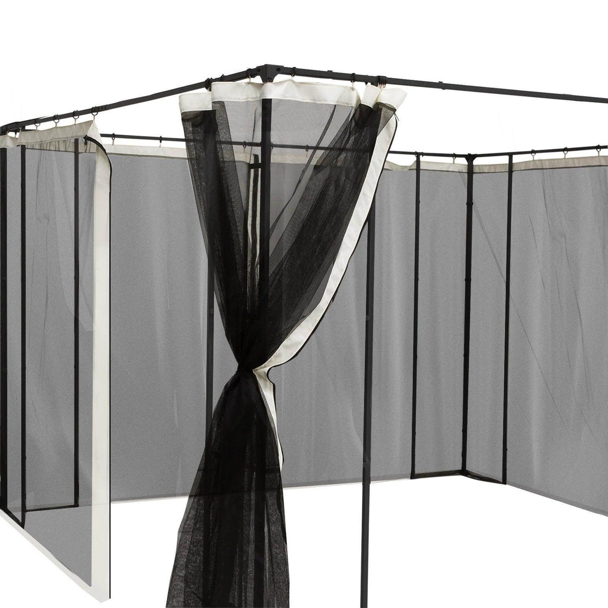 Black mesh gazebo side curtain panels with gathered center tie-back