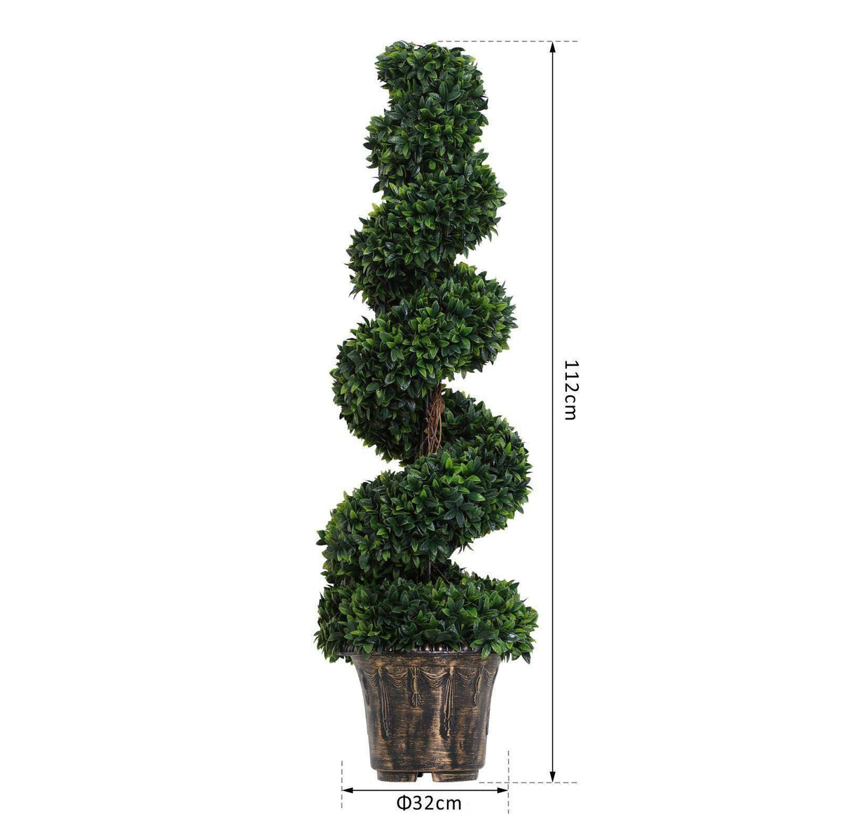 Artificial boxwood spiral topiary tree in a dark ribbed pot, dense dark-green leaves