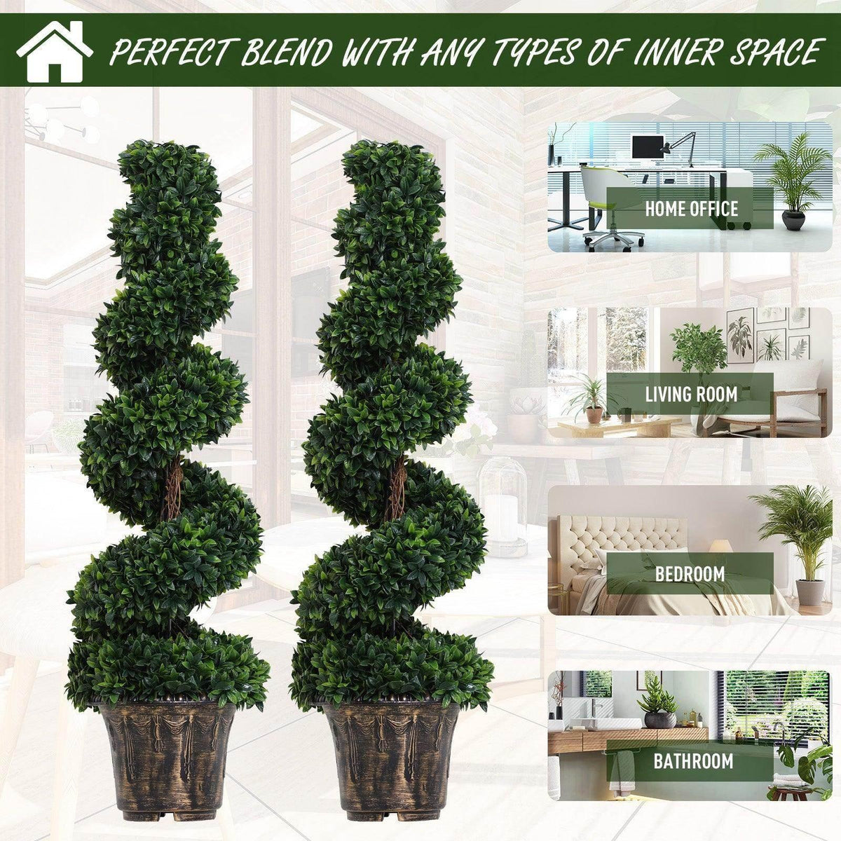 Two artificial boxwood spiral topiary trees in dark ribbed pots with dense green foliage