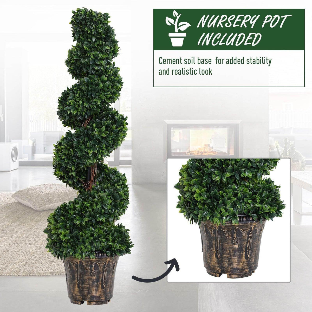 Tall artificial boxwood spiral topiary tree in a dark ribbed pot with dense green leaves