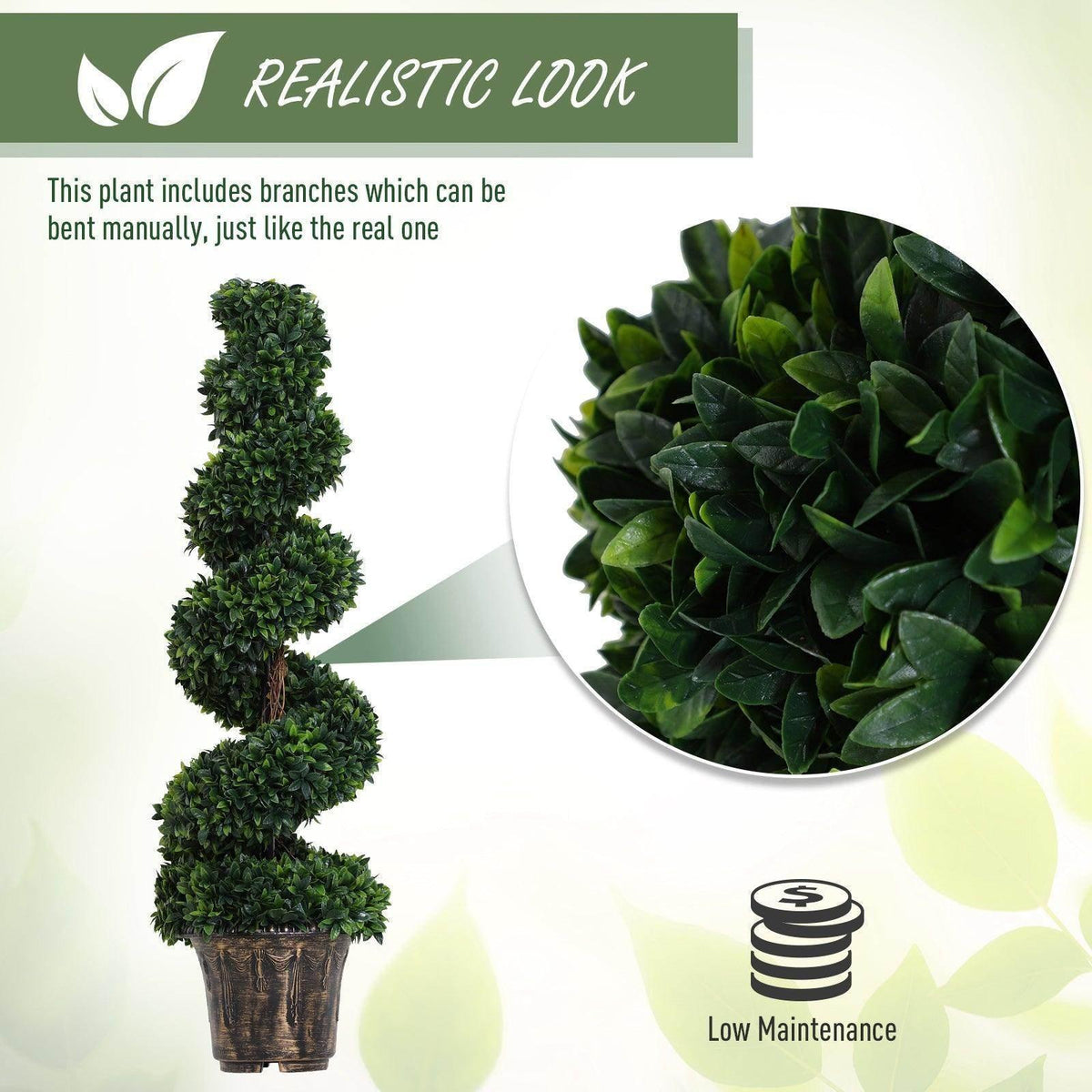 Artificial boxwood spiral topiary tree with dense dark-green leaves in a dark ribbed pot