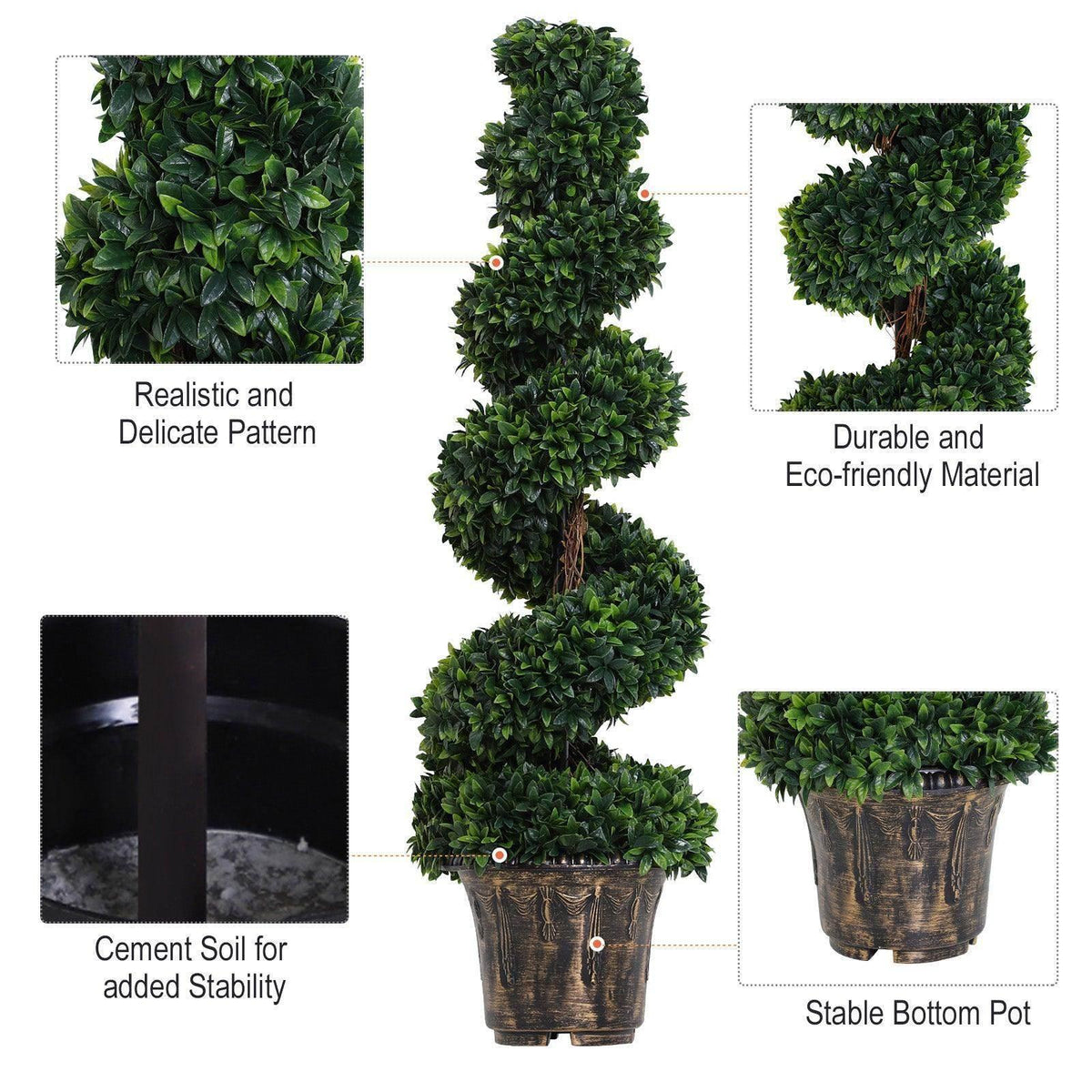 Artificial boxwood spiral topiary tree in dark ribbed pot, dense green leaves and textured base