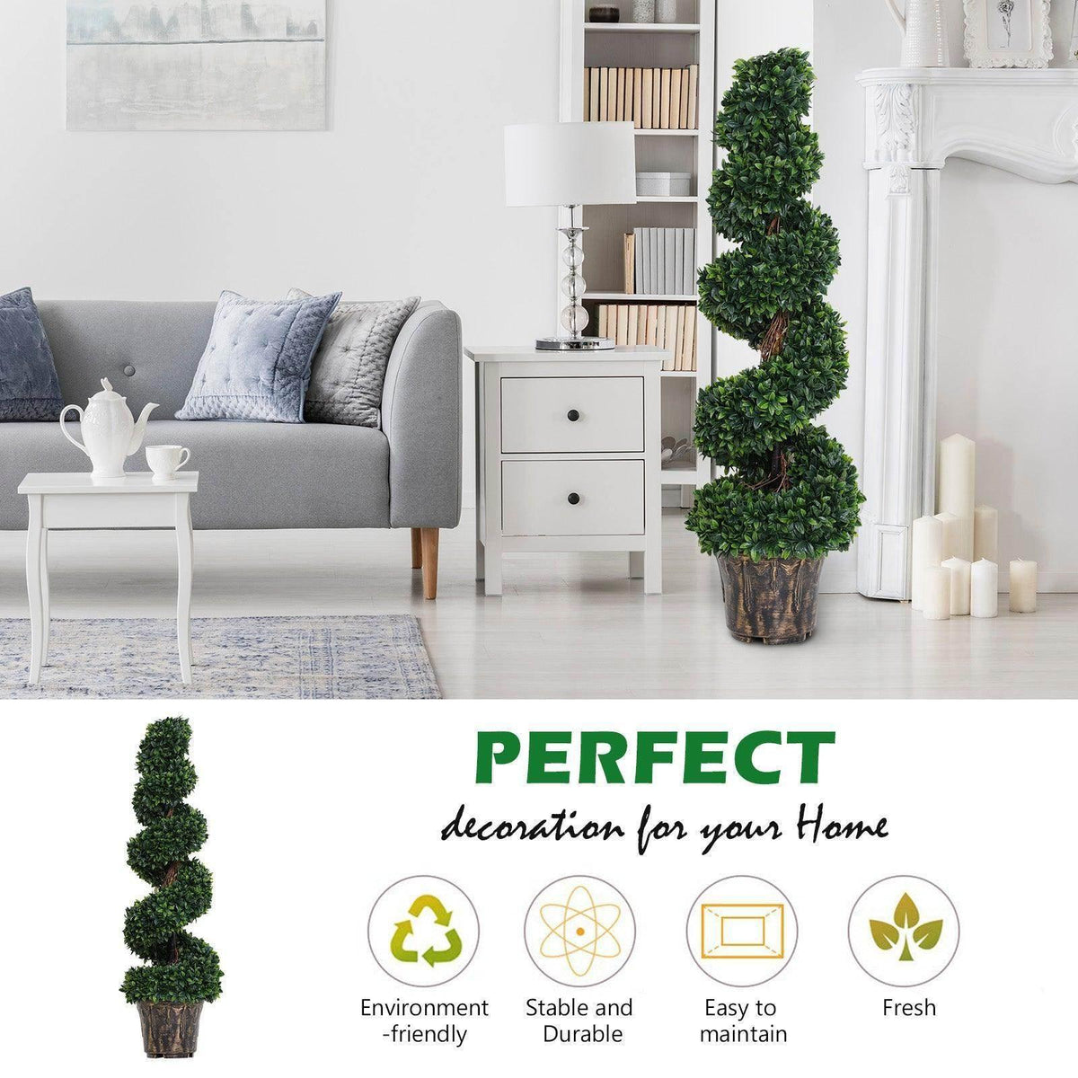 Single artificial boxwood spiral topiary tree in a dark ribbed pot, dense green foliage