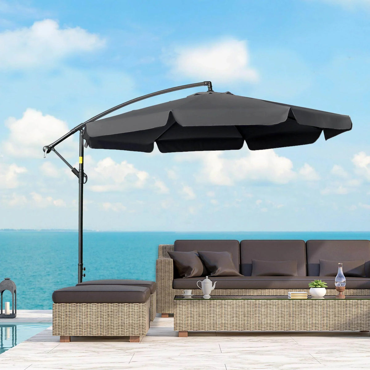 Cantilever umbrella with dark fabric canopy and scalloped edge, mounted on a pole
