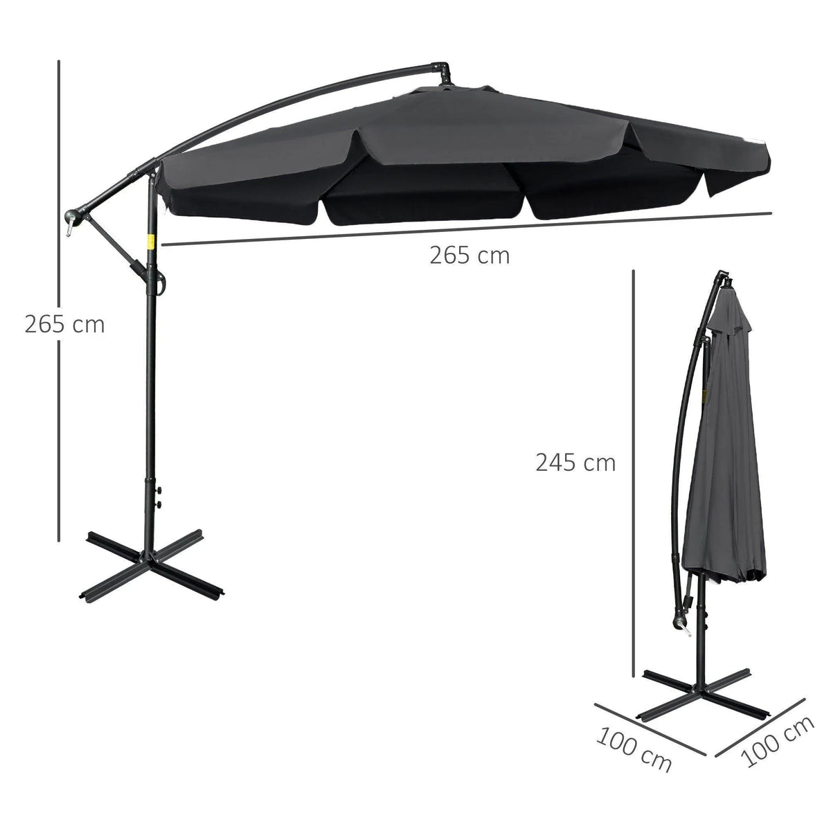 Cantilever umbrella with dark canopy in open position, freestanding cross-base stand