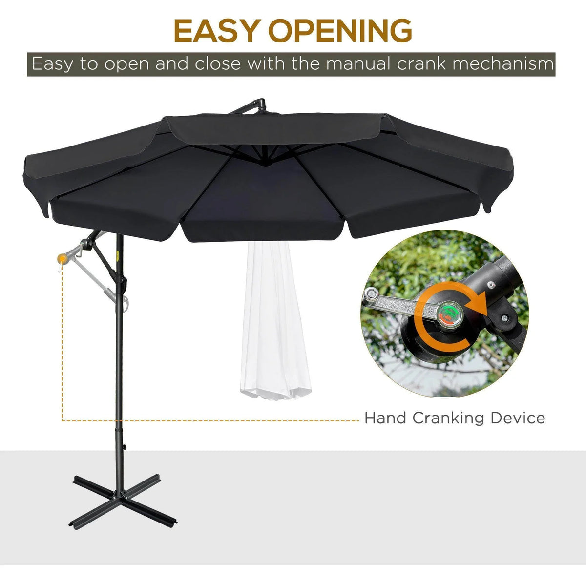 Cantilever umbrella canopy with manual crank device and dark fabric scalloped valance