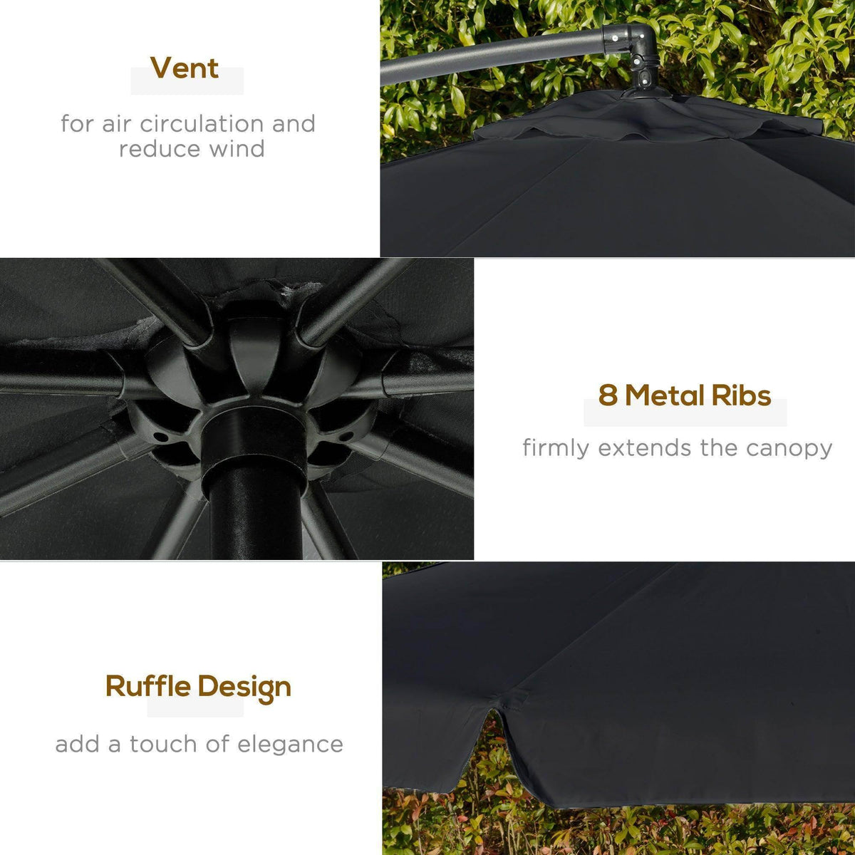 Cantilever umbrella with vented canopy and metal ribs, dark fabric construction