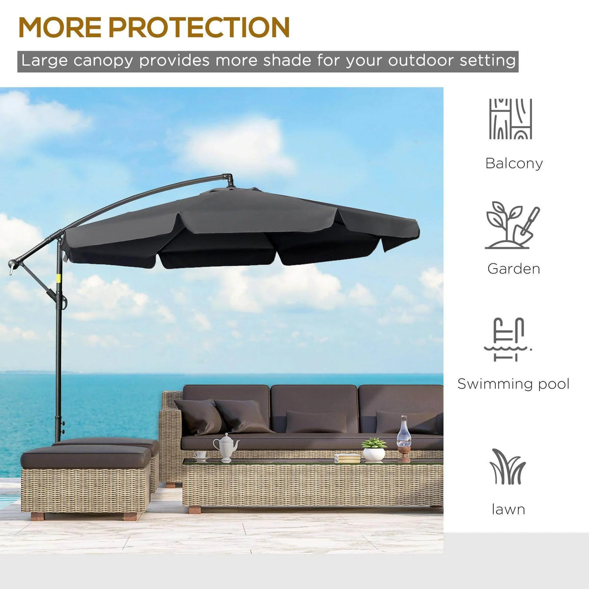 Cantilever umbrella with dark oversized canopy and scalloped valance, on a pole