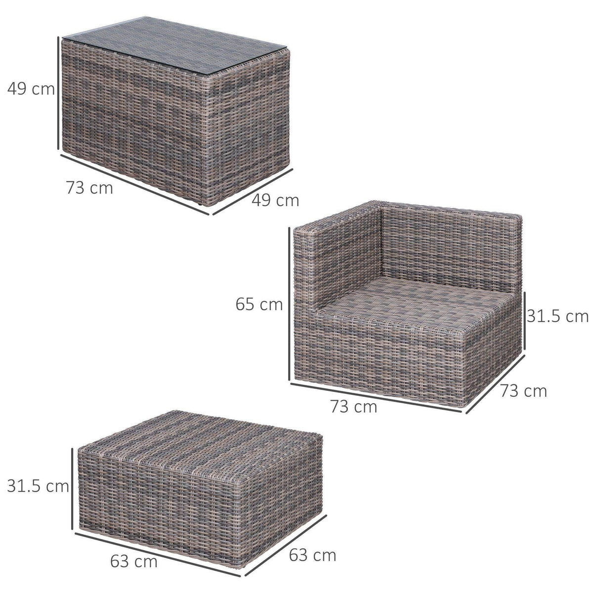Grey rattan single-seat chair, ottoman, and square coffee table with dimensions