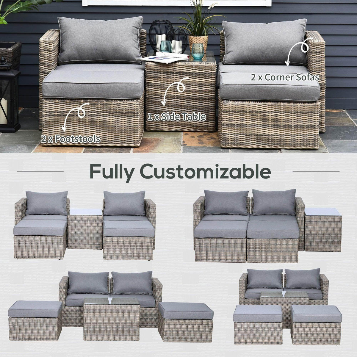 Outdoor rattan sofa set with corner seats, footstools, side table, and grey cushions