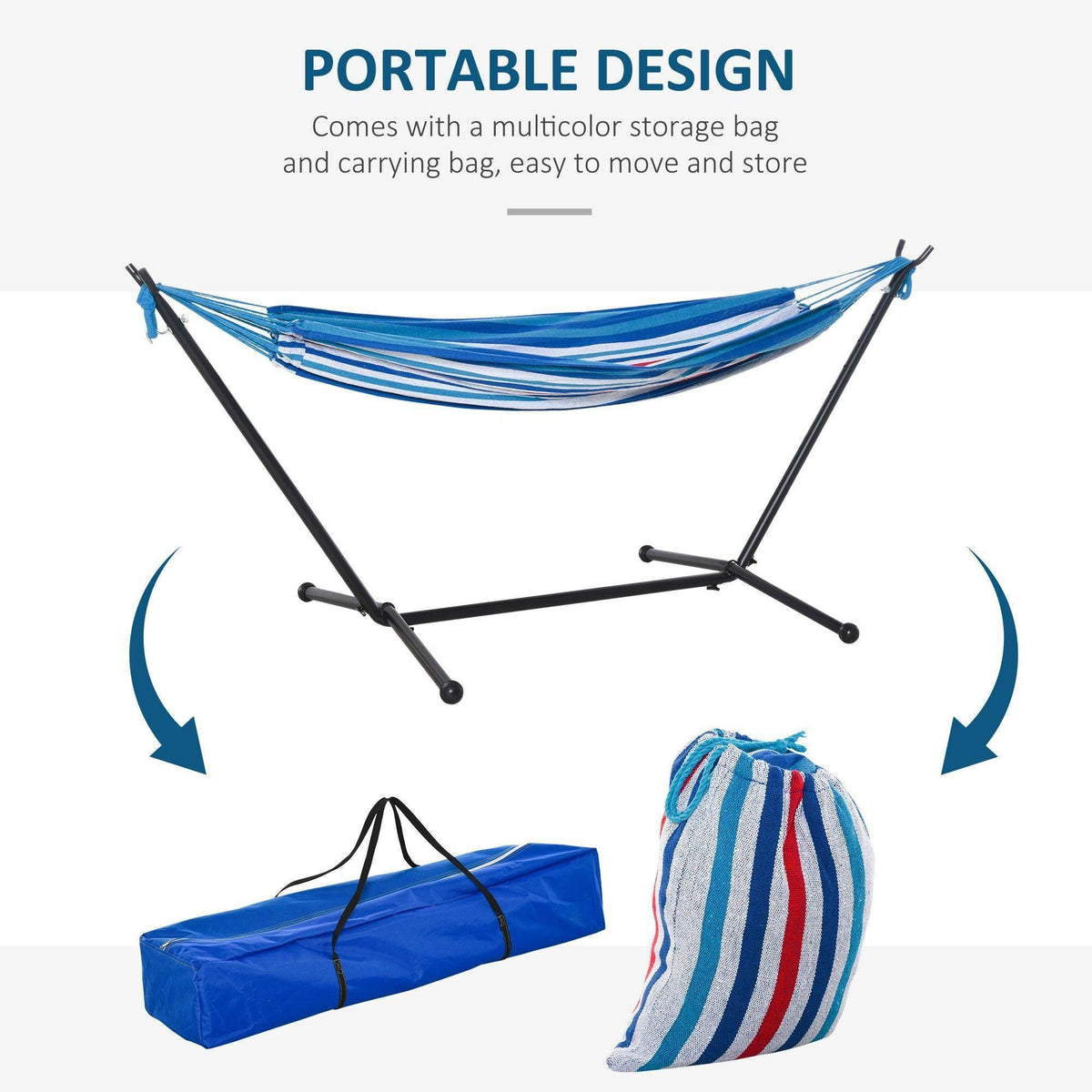 Blue striped hammock on black stand with matching storage bag and carrying pouch.