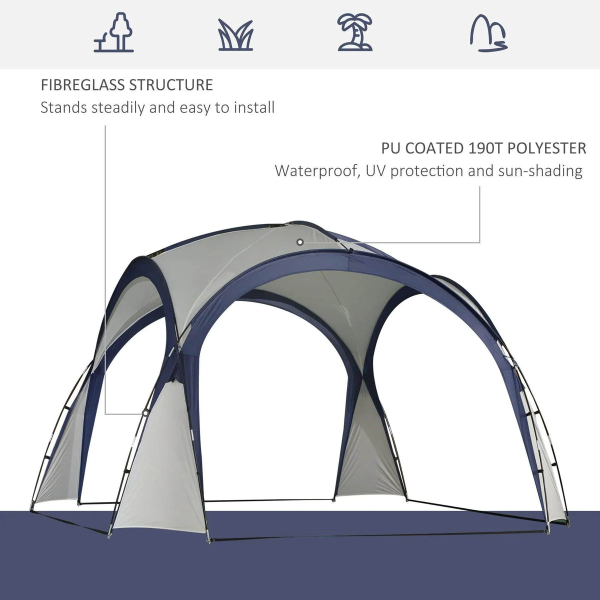 Cream and blue gazebo shelter with arched canopy and open front