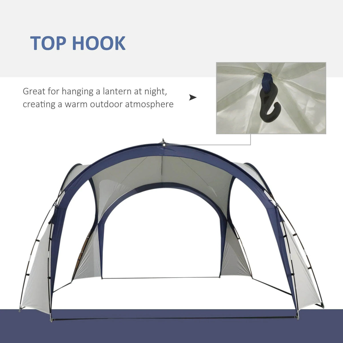 Cream and blue gazebo shelter with top hook detail above the front opening
