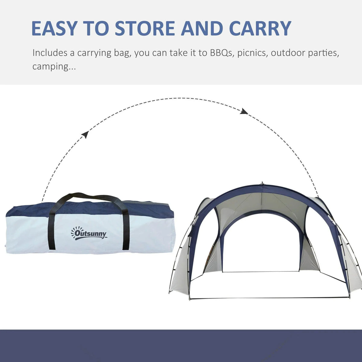 Cream and blue gazebo shelter with carrying bag for storage and transport