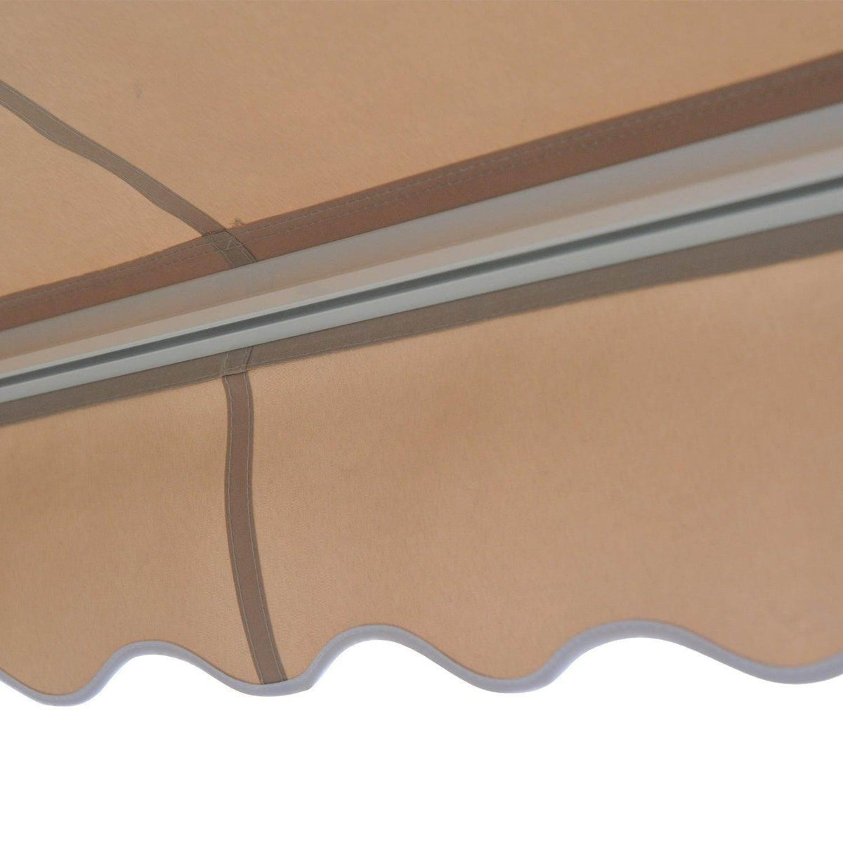 Cream retractable awning fabric and scalloped valance with metal side rail