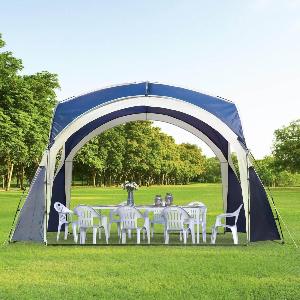 Outdoor gazebo sun shelter with blue and dark navy fabric, arched roof panels