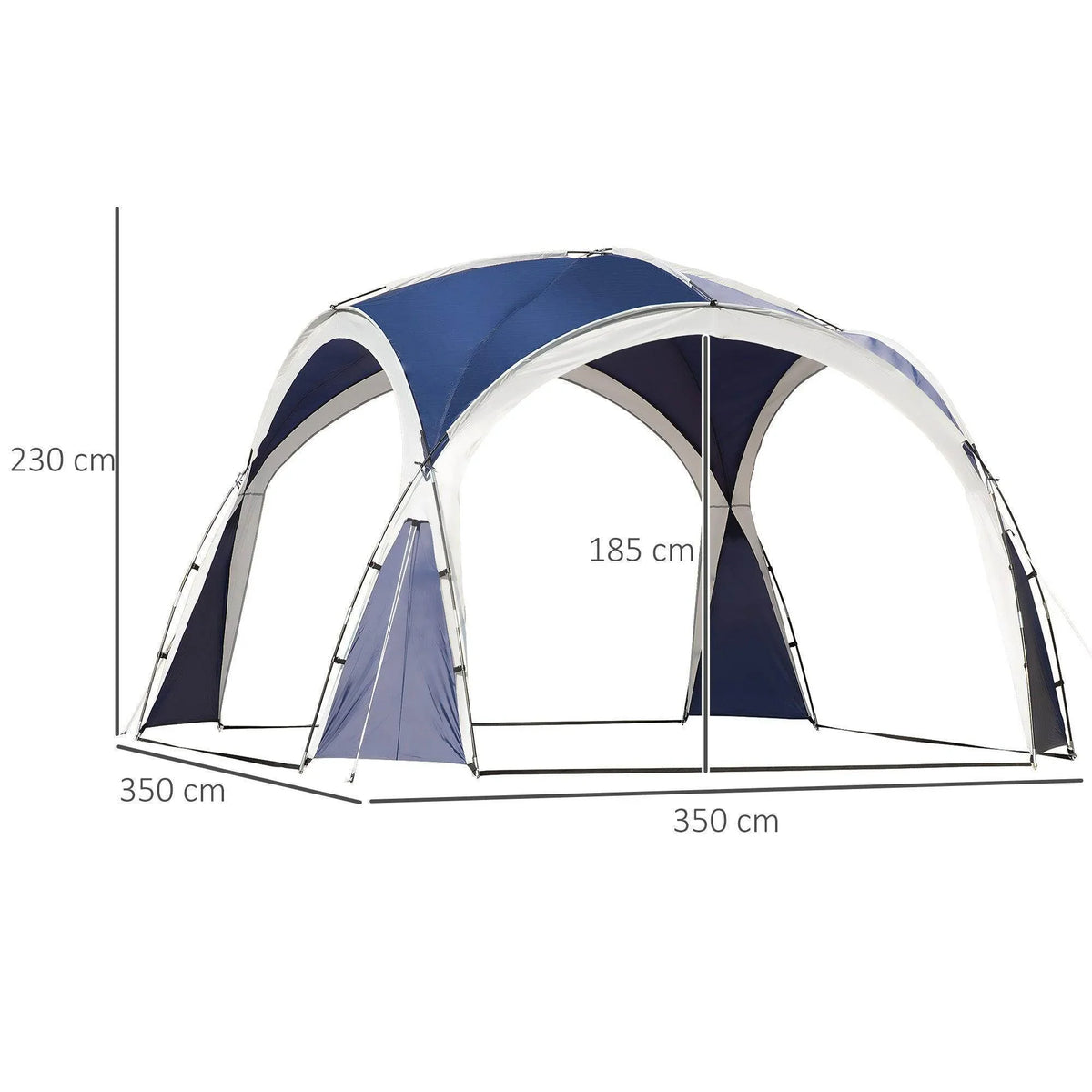 Blue and grey arched outdoor gazebo sun shelter with open sides and steel frame