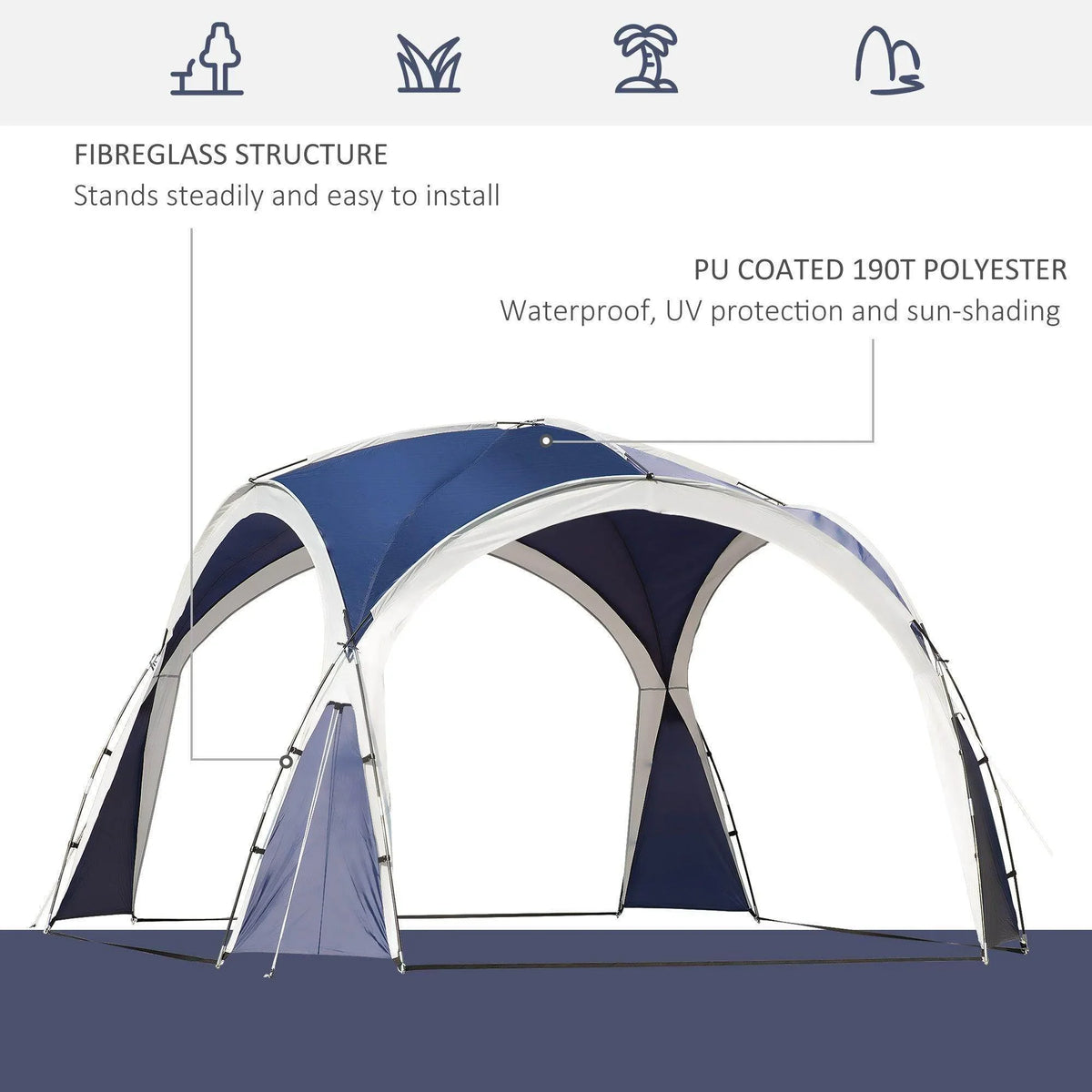 Blue outdoor gazebo sun shelter with white trim, arched roof and supported frame