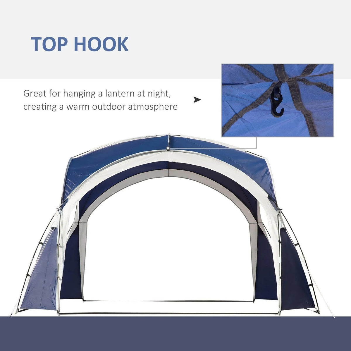 Outdoor gazebo sun shelter with top hook detail, blue fabric and white-trim arch