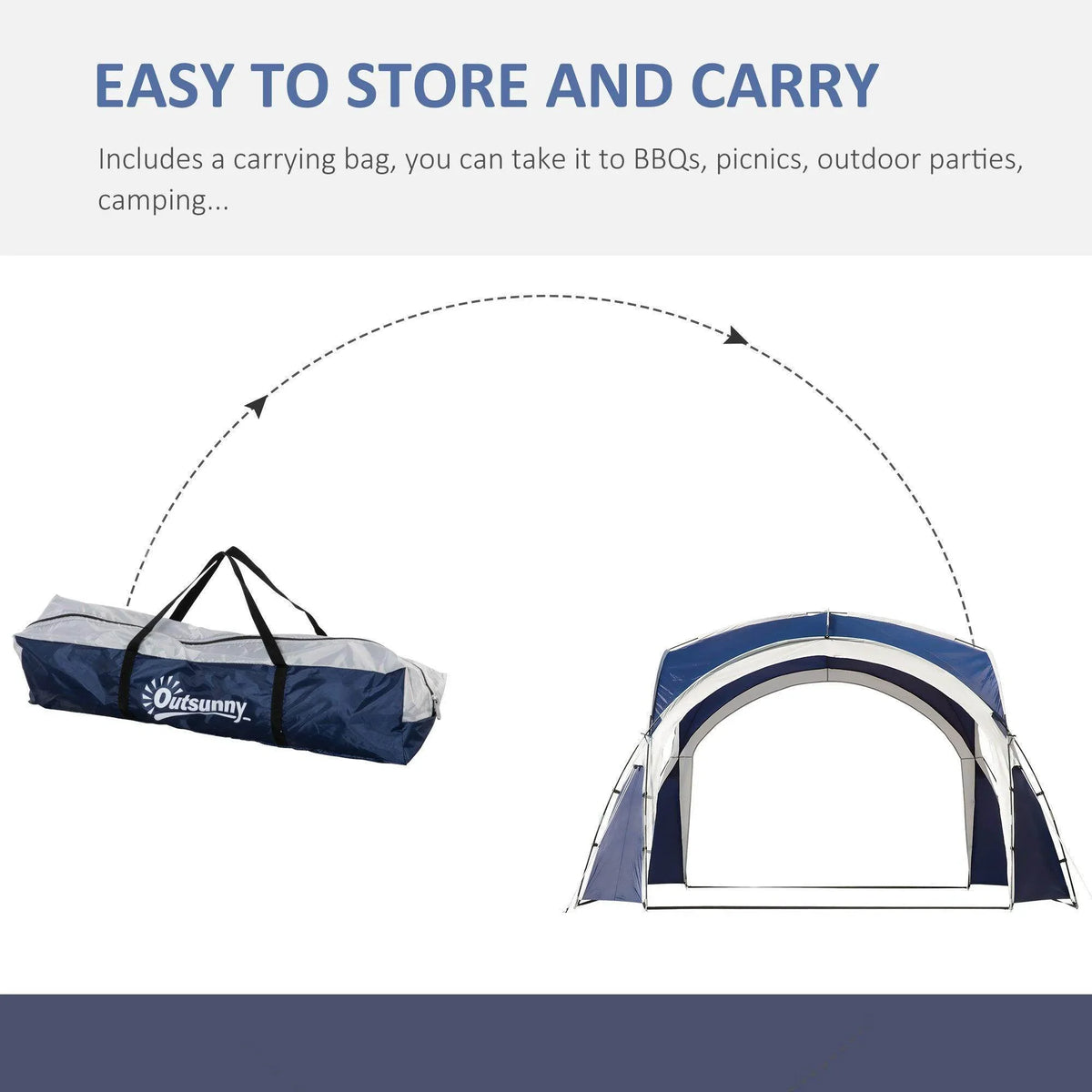 Blue outdoor gazebo sun shelter with carrying bag, arched frame and fabric canopy