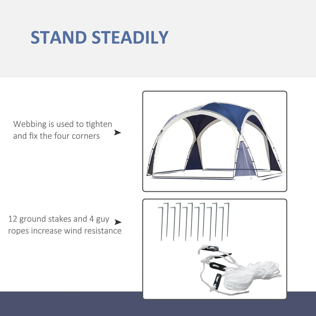 Outdoor gazebo sun shelter with webbing tie and corner stakes, arched canopy
