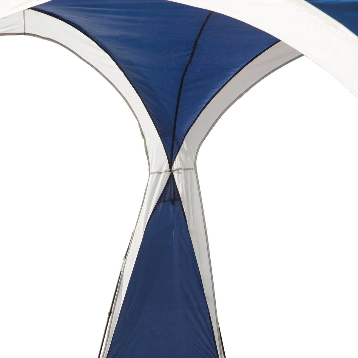 Blue and white peaked roof fabric at center ridge of outdoor gazebo sun shelter