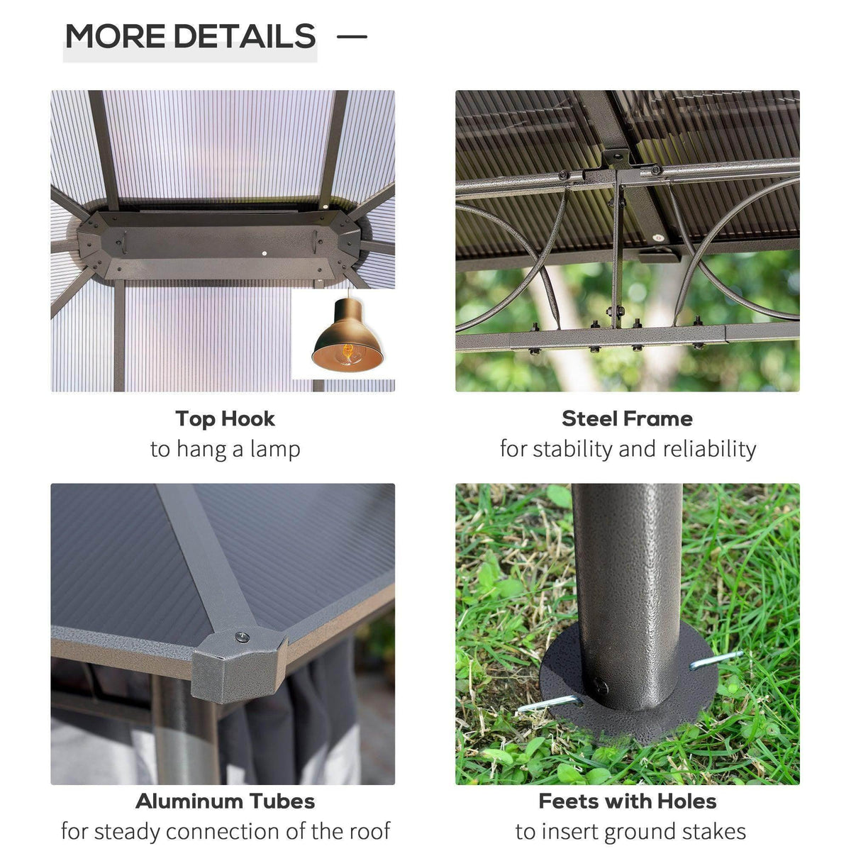 Gazebo details: top hook, steel frame, aluminum tubes, and feet with stakes